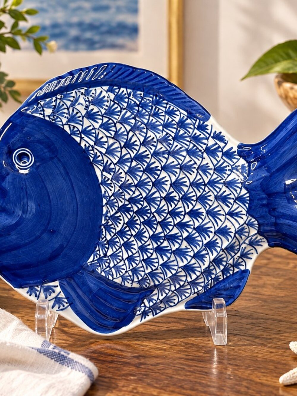 Vintage Asian Blue White Painted Seafood Fish Shaped Nautical Bowl Dish Plate